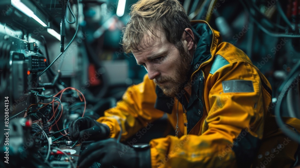 Engineer checking the connections of underwater fiber optic cables Engineer checking the connections of underwater fiber optic cables