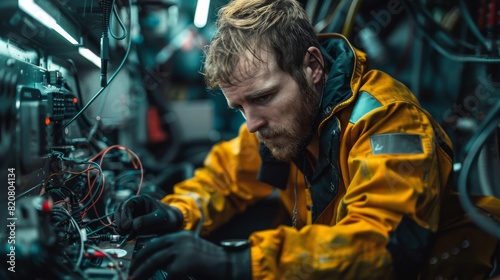 Engineer checking the connections of underwater fiber optic cables