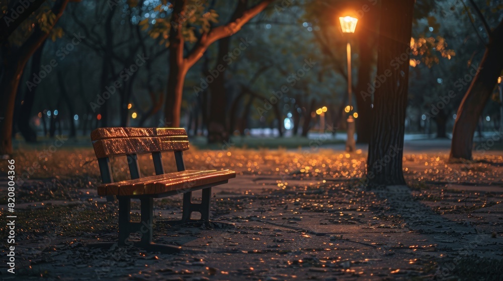 Empty public park at night with illuminated lights and benches in a serene atmosphere