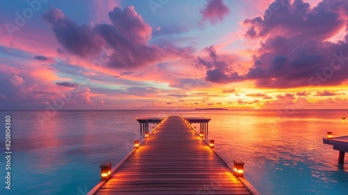 Amazing sunset panorama at Maldives. Luxury resort pier pathway, soft led lights into paradise island. Beautiful evening sky and colorful clouds. Romantic beach background for honeymoon vacation