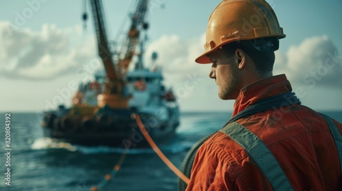 Engineer deploying fiber optic cables into the ocean from a large vessel photo