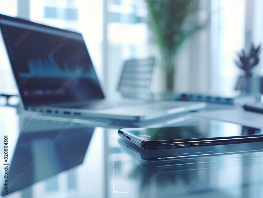 Businessman's desktop, laptop, mobile phone lie on the table Businessman's desktop, laptop, mobile phone lie on the table