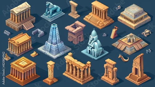 A modern set of old Egyptian architecture, historical buildings, an arab mosque, stone temples with pillars and statues surrounded by an isometric background. photo