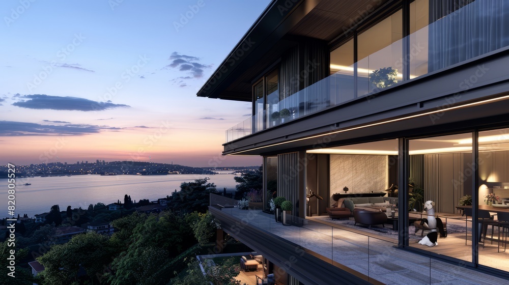 A photography of apartment at istanbul , dark and warm atmosphere, 8 floor, sunset and sea view