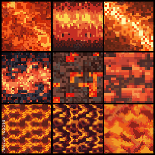 Vector lava pixel blocks background pattern. Retro console game level cubic pixel texture. Computer 8 bit 80s arcade