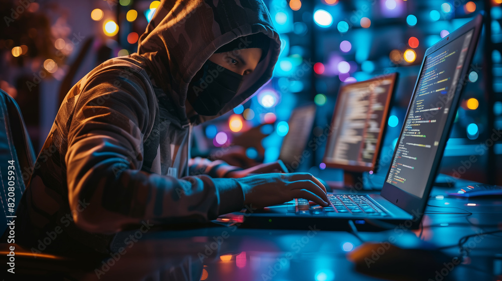 Hooded hacker in dim environment using laptop with code on multiple screens. Concept of cybercrime, unethical programming. Hooded hacker in dim environment using laptop with code on multiple screens. Concept of cybercrime, unethical programming.