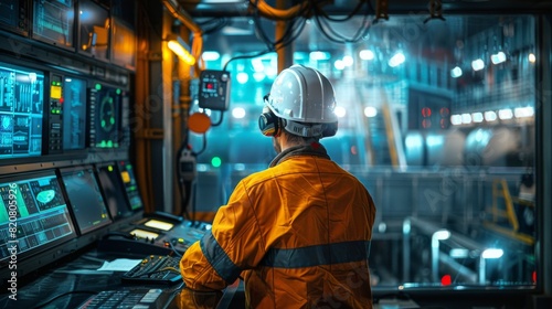 Engineer supervising the underwater cable installation from a control room on a ship photo