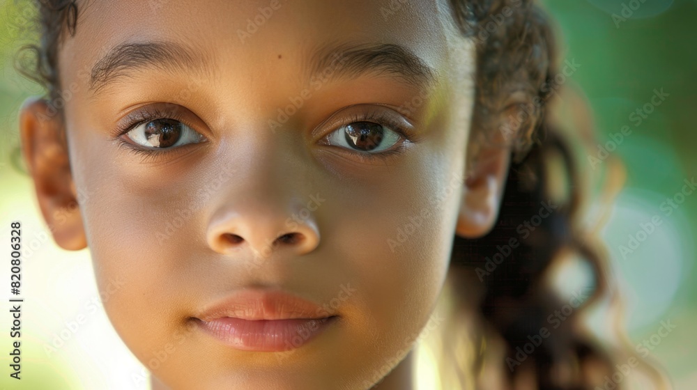 Innocent Gaze: Close-up Portrait of a Young Girl with Expressive Brown Eyes Innocent Gaze: Close-up Portrait of a Young Girl with Expressive Brown Eyes