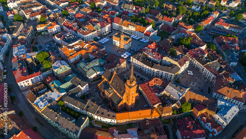 Picturesque cityscape of Old Town Cathedral and market square in Tarnow, Lesser Poland. Aerial drone view photo