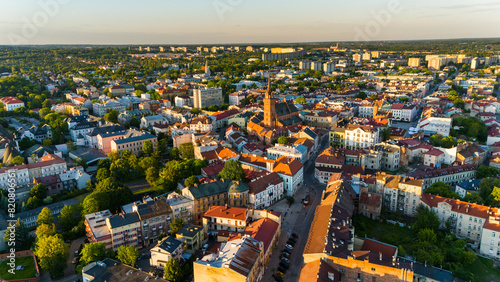 Aerial drone view of Tarnow townscape , Poland. Cathedral church of  of Holy Family.