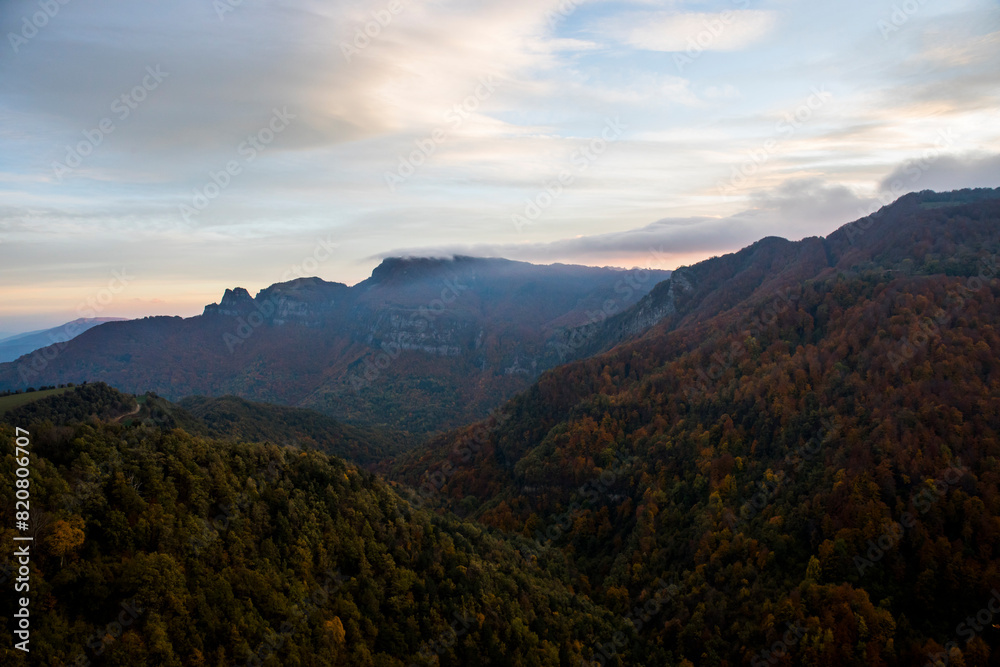 Fototapeta premium Autumn sunset in Puigsacalm peak, La Garrotxa, Spain