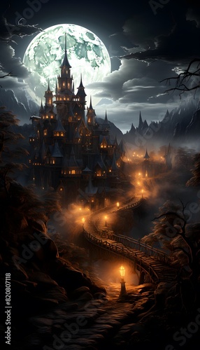 Fantasy landscape with haunted castle and moonlight. 3d illustration