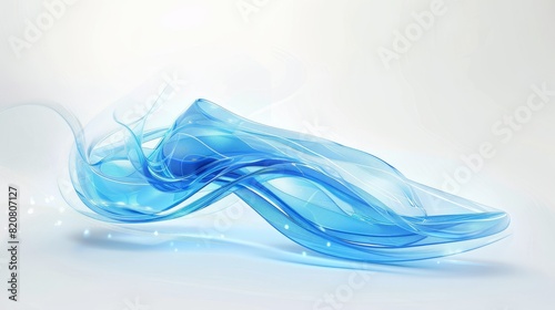 A simple blue swirl with light effects on a white background, spinning in the air. A light abstract digital art piece featuring an elegant flying shoe with colorful curves
