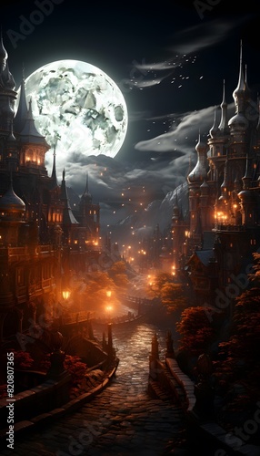 Halloween background with castle and full moon. Halloween concept. 3D Rendering