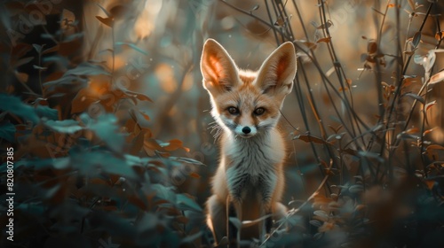 A small fox standing in a forest. Suitable for wildlife and nature themes