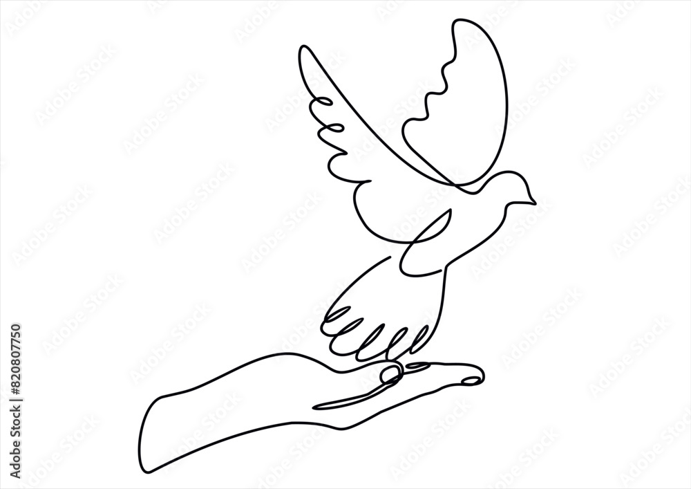 Naklejka premium Continuous line drawing hands with flying free bird. Peace linear symbol. Vector hand drawn illustration isolated on white.