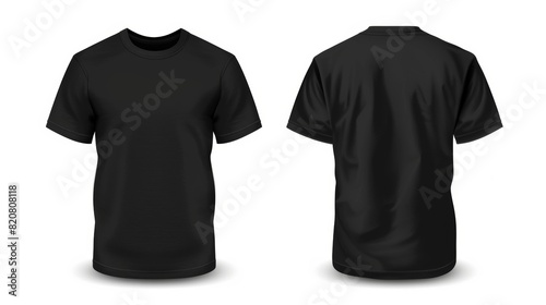 Black t-shirt front and back view isolated on white background for design mockup