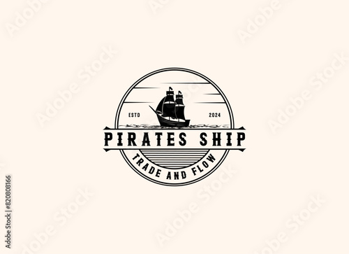 Vector illustration of Old Pirate Ship or Classic Merchant Sailing Vessel Boat on ocean sea waves for vintage nautical label logo