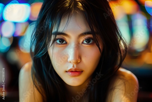 Portrait of a beautiful young woman with long hair and a serious expression. Close-up shot highlighting her natural beauty and captivating eyes. © apratim