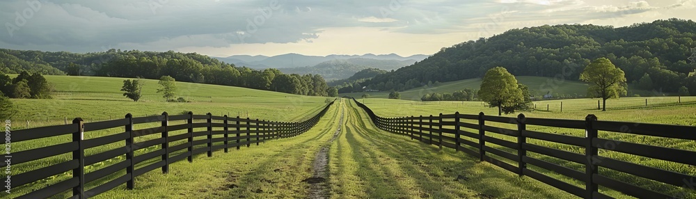 The image shows a beautiful ranch. Green pastures are fenced with wooden fences. In the background are green hills.