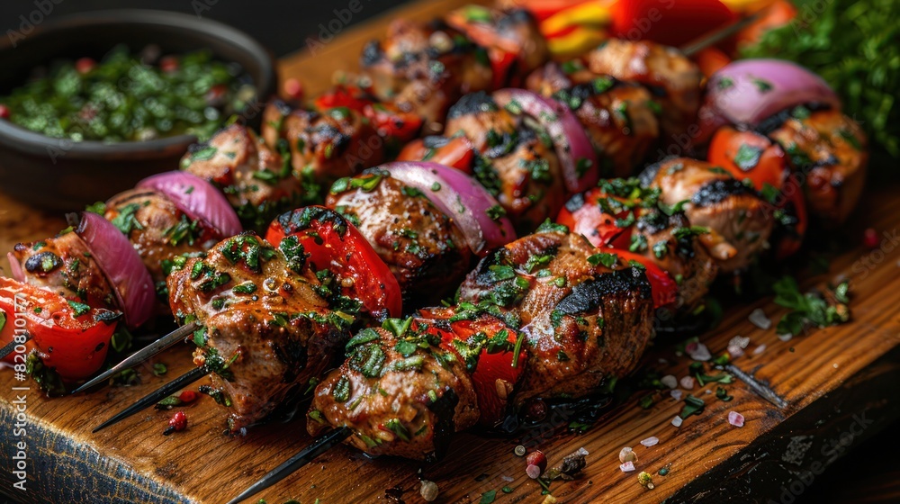 indulge in a Mediterranean feast, fresh lamb skewers infused with herbs and spices, grilled to perfection, garnished with chopped coriander.