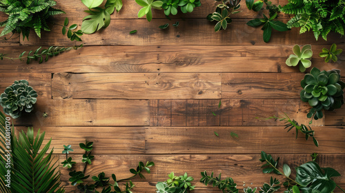 top view of a wooden background framed by green plants, home flowers, table, table top, wallpaper, interior, boards, boardwalk, gardening, natural, workplace, office, leaves, wood, texture