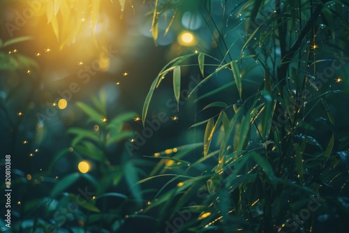 Close up of a plant with fireflies in the background. Great for nature and magical themed designs