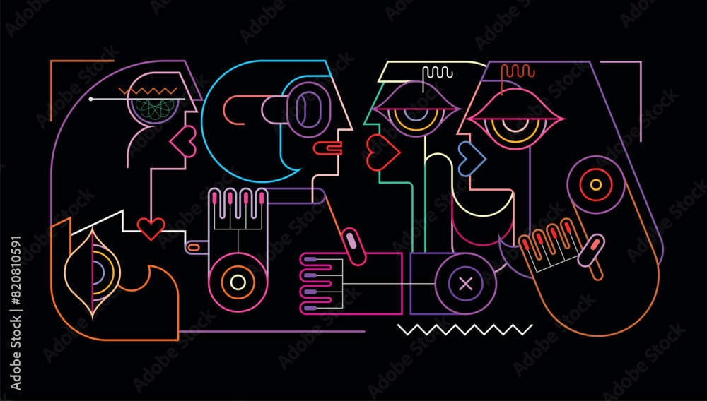 Neon colors isolated on a black background Women vector illustration. Four beautiful women talking with each other. Neon colors isolated on a black background Women vector illustration. Four beautiful women talking with each other.