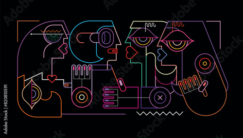 Neon colors isolated on a black background Women vector illustration. Four beautiful women talking with each other.