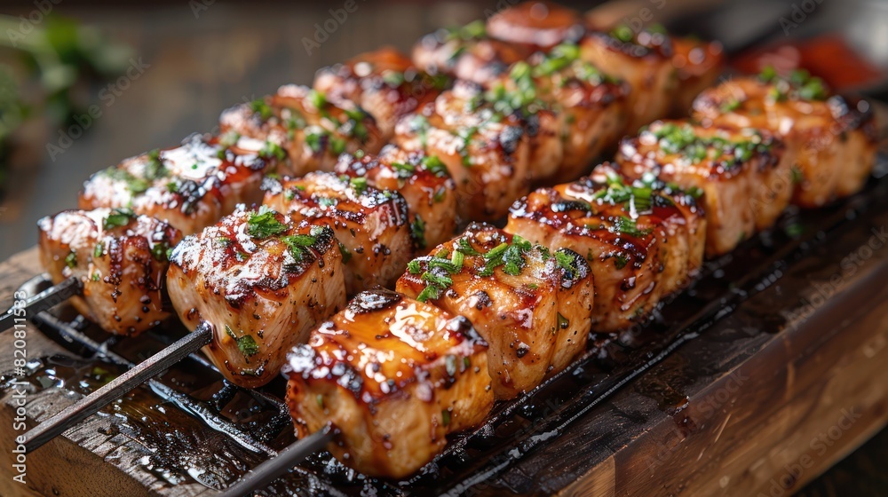 a sumptuous feast of spice infused chicken skewers, garnished with chopped coriander, grilled to perfection, ready to be devoured a sumptuous feast of spice infused chicken skewers, garnished with chopped coriander, grilled to perfection, ready to be devoured