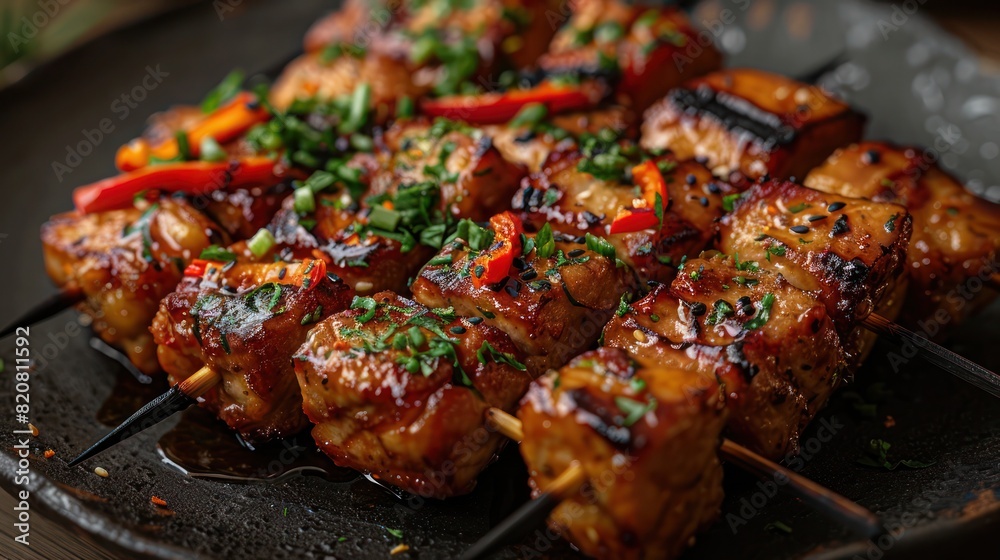 a tantalizing delicacy, a sumptuous portion of grilled chicken skewers infused with herb and spices, garnished with chopped chives a tantalizing delicacy, a sumptuous portion of grilled chicken skewers infused with herb and spices, garnished with chopped chives