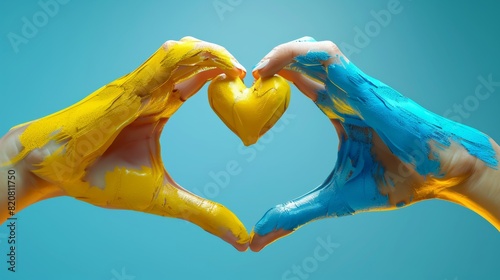 Human hands making a heart symbol and the Ukrainian flag. Concept of caring and supporting peace. 3D render illustration. photo