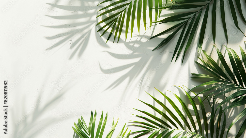 green palm leaf with shadow on white concrete wall.