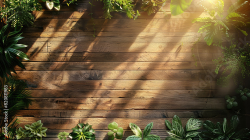 top view of a wooden background framed by green plants, home flowers, table, table top, wallpaper, interior, boards, boardwalk, gardening, natural, workplace, office, leaves, wood, texture