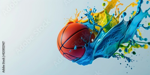 Pelota de baloncesto con salpicaduras de colores, póster minimalista divertido baloncesto, partido amistoso escolar, baloncesto callejero invitación a evento  photo