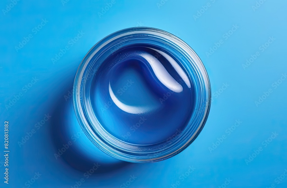 A petri dish with colored gel liquid. Flat lay, top view. Skincare beauty product. Acrylic gel, nail polish.