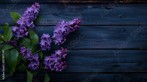 Beautiful lilac flower in purple color in bloom on dark wooden background design, Lilac wallpaper illustration with copy space