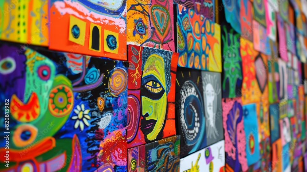 Fototapeta premium Bulletin board filled with colorful artwork and various announcements, close-up, capturing the vibrant spirit of creativity and expression
