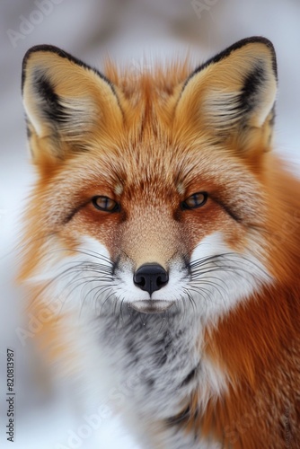 A detailed shot of a red fox in snowy surroundings. Perfect for nature and wildlife themes © Ева Поликарпова