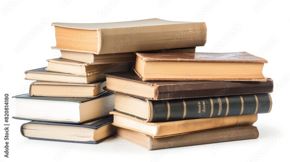 Books stacked in various sizes and subjects, close-up, symbolizing extensive knowledge, isolated white background with studio lighting Books stacked in various sizes and subjects, close-up, symbolizing extensive knowledge, isolated white background with studio lighting