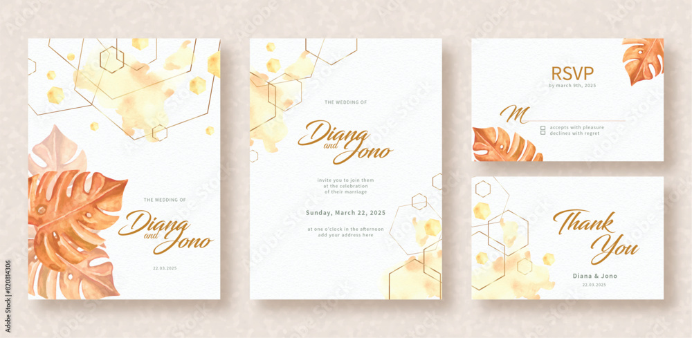 Painting of dried leaves with hexagonally arrangement on wedding invitation card Painting of dried leaves with hexagonally arrangement on wedding invitation card