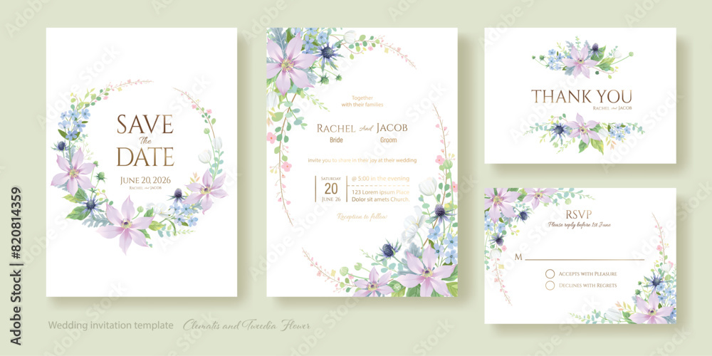 Clematis and Tweedia flower with greenery for wedding Invitation card, save the date, thank you, rsvp template. Vector