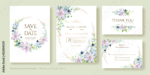 Clematis and Tweedia flower with greenery for wedding Invitation card, save the date, thank you, rsvp template. Vector