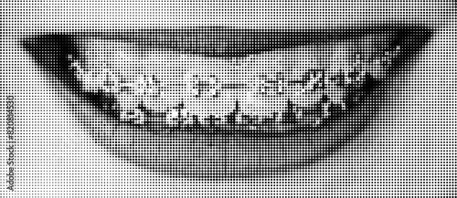 Halftone dotted smile with teeth and braces. Vector textured female lips for trendy y2k retro collage