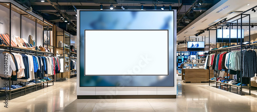 A clean, unmarked billboard panel installed within the clothing section of a department store, offering advertisers a platform to promote their brands and products with crisp clarity and captivating. photo