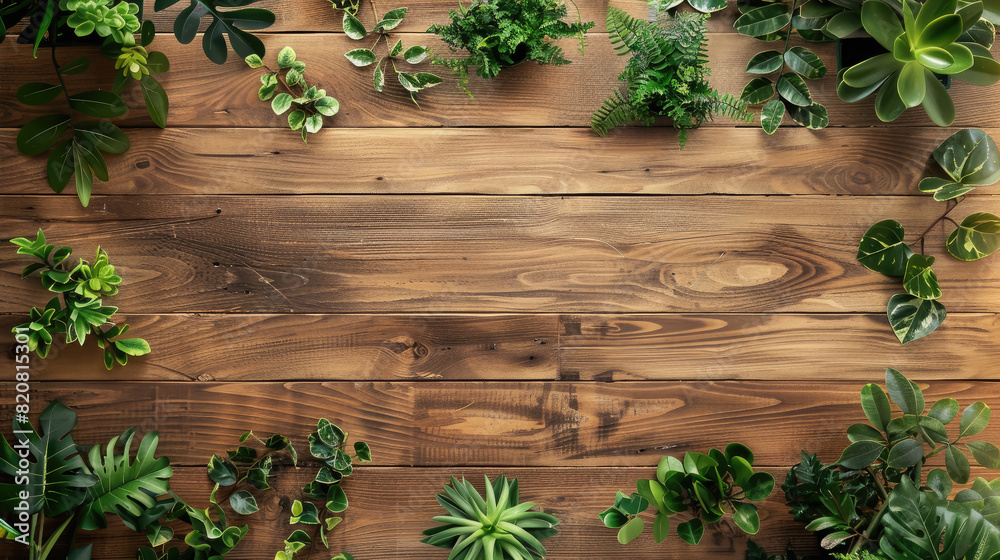 top view of a wooden background framed by green plants, home flowers, table, table top, wallpaper, interior, boards, boardwalk, gardening, natural, workplace, office, leaves, wood, texture