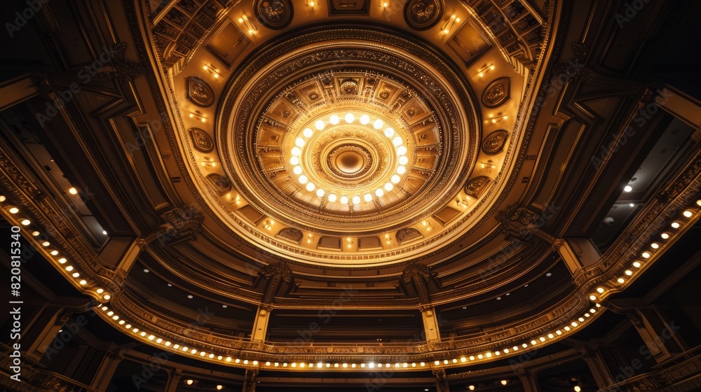 Obraz premium Auditorium ceiling from below, intricate design and lighting, empty seats arranged, prepared for assemblies, detailed view