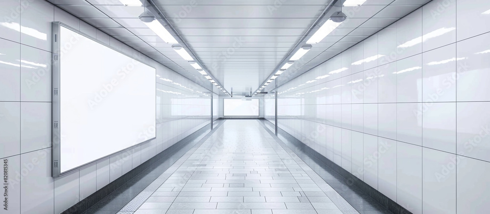 A clean, unmarked billboard positioned prominently along the walls of a subway corridor, inviting advertisers to fill its space with captivating visuals and messages in vivid high.