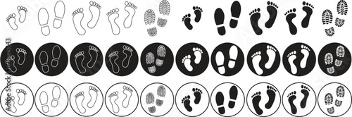 Set of Footprint Icons in Flat Graphic Designs with editable stock. Black silhouette of footprints Icons. Human footprint tracks. Shoe soles print. Footprint clips isolated on Transparent Background.
