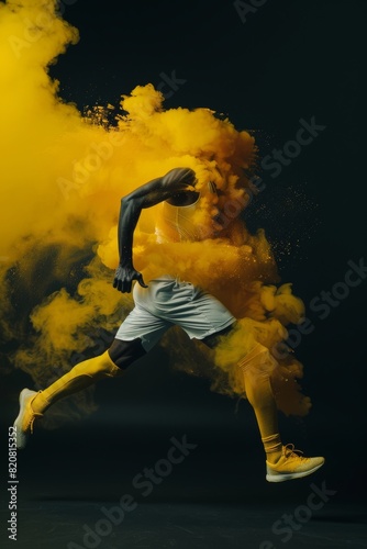 atleta profesional aislado con fondo negro rodeado de humo amarillo, deportista de elite, póster minimalista de futbol photo